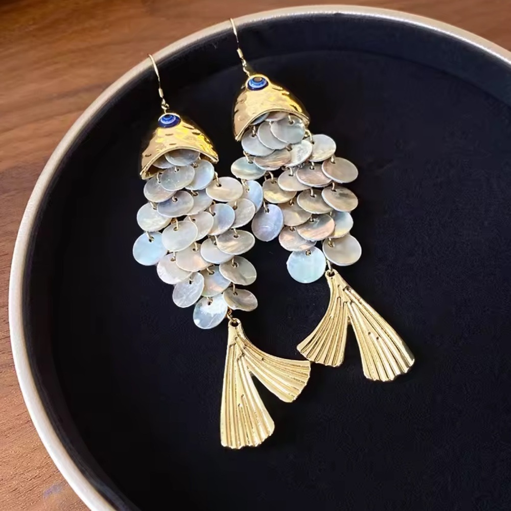 Gold Fish Shell Earrings - Picture 2 of 3
